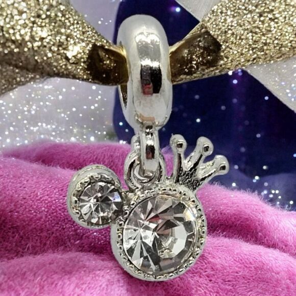 Mickey Mouse Ears Crown Hat Silver Zircon Bling Dangle Charm Pendant Bracelet - Picture 3 of 9